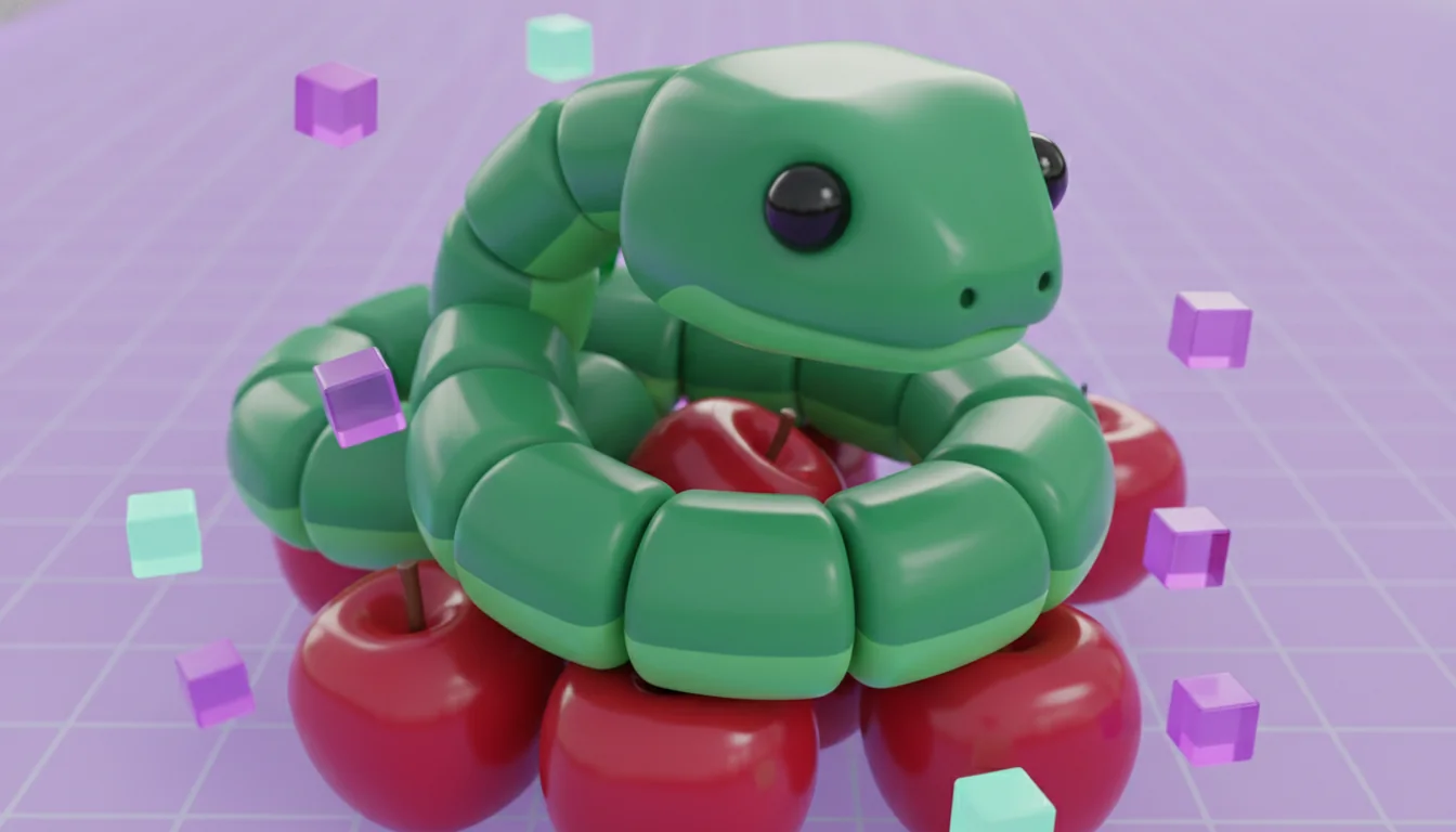 Illustration of a green snake coiled around red apples