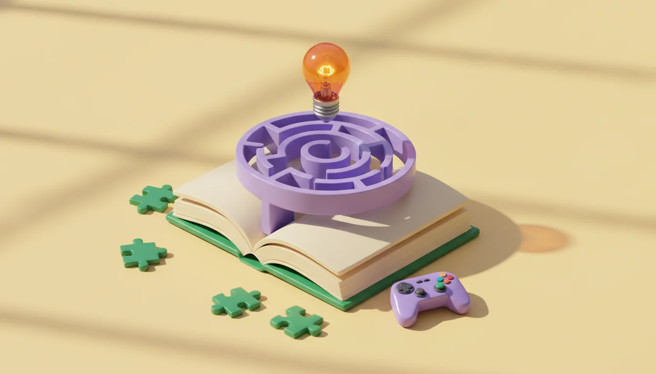 Illustration of a maze above an open book, with a light bulb and game controller