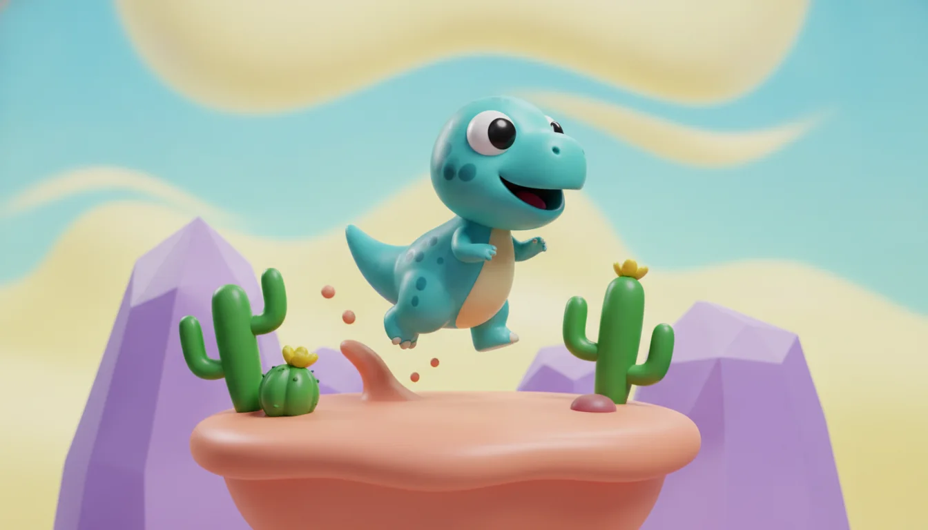 Illustration of a blue dinosaur jumping above a cactus-lined platform