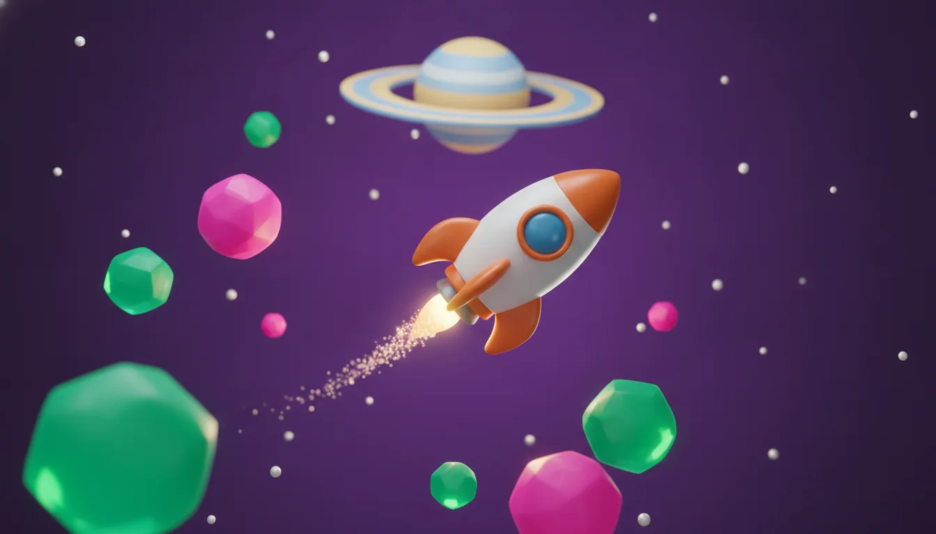 Illustration of a rocket flying among colorful asteroids and a ringed planet