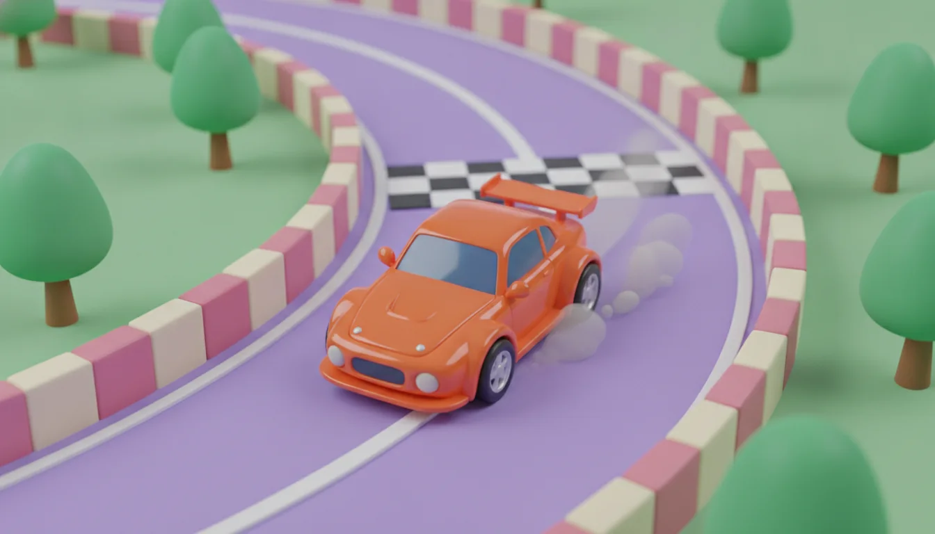 Illustration of an orange car rounding a purple racetrack