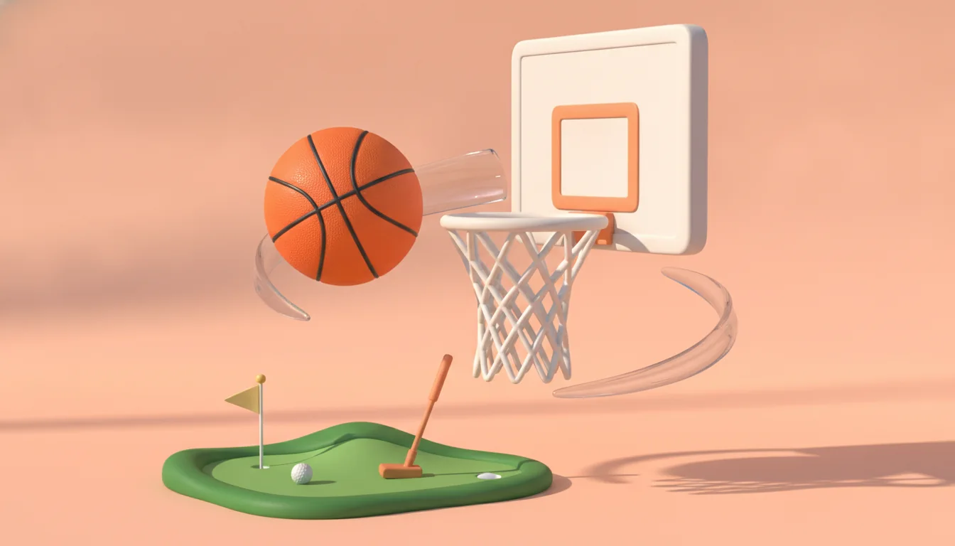 Illustration of a basketball hoop above a miniature putting green