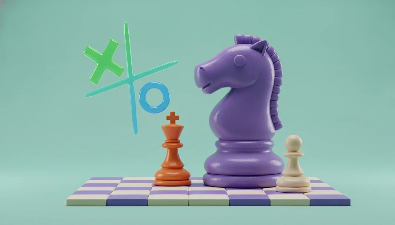 Illustration of chess pieces beside a tic-tac-toe grid