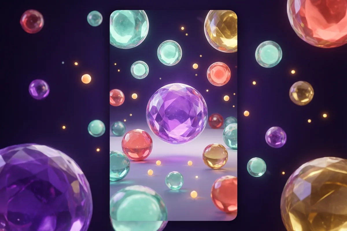 Translucent jewel-colored cells drifting among small glowing bubbles
