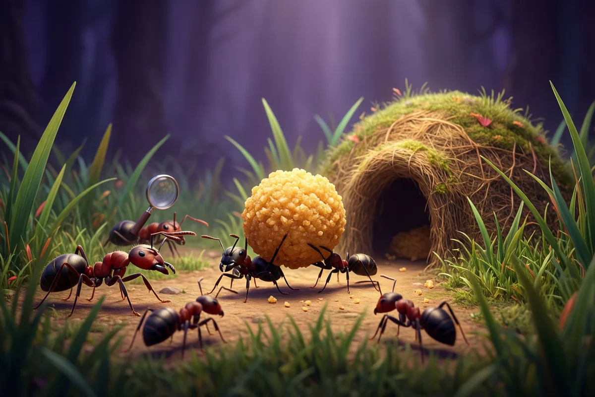 Ants carrying a large golden piece of food toward an anthill among grass blades