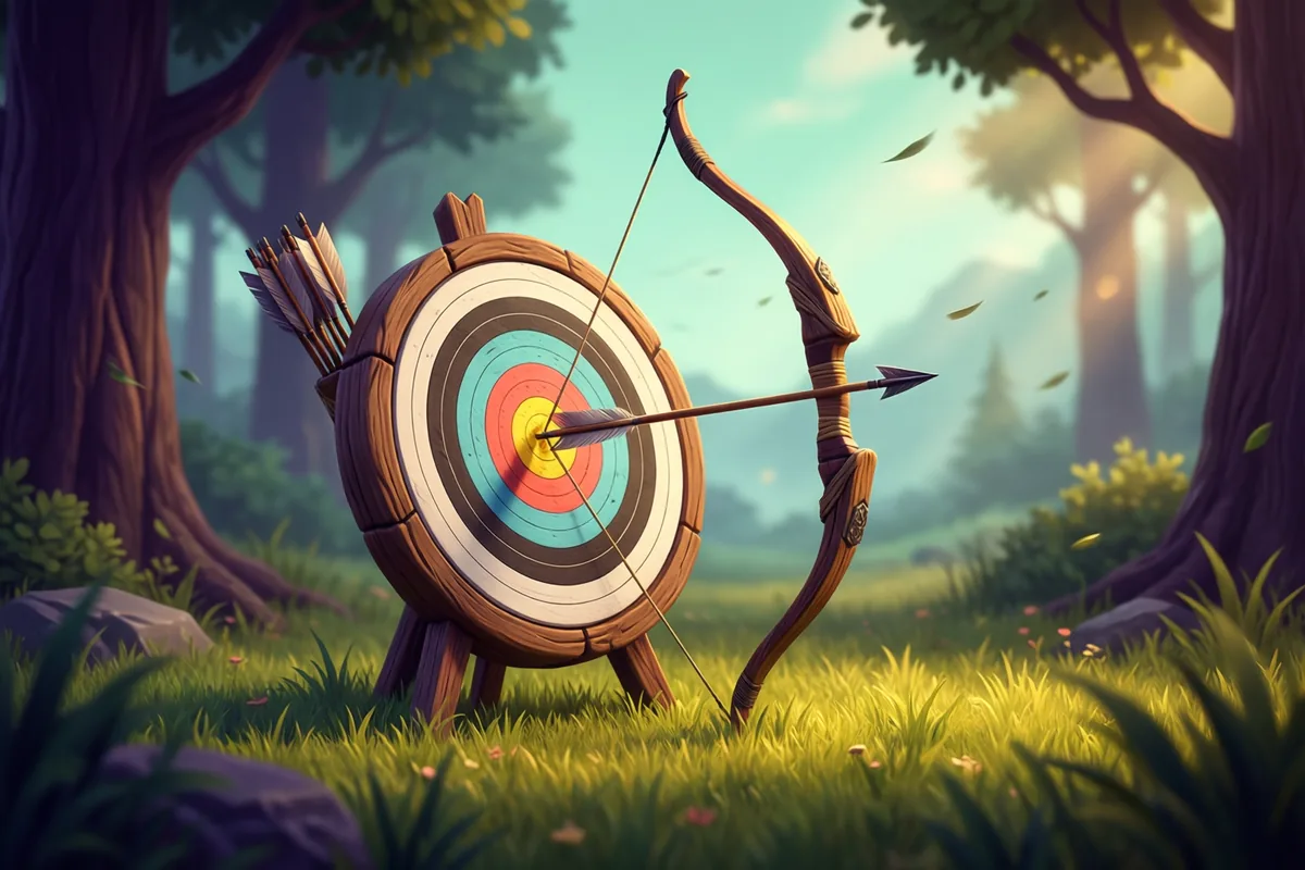 A wooden bow and feathered arrows beside a round archery target in a forest clearing