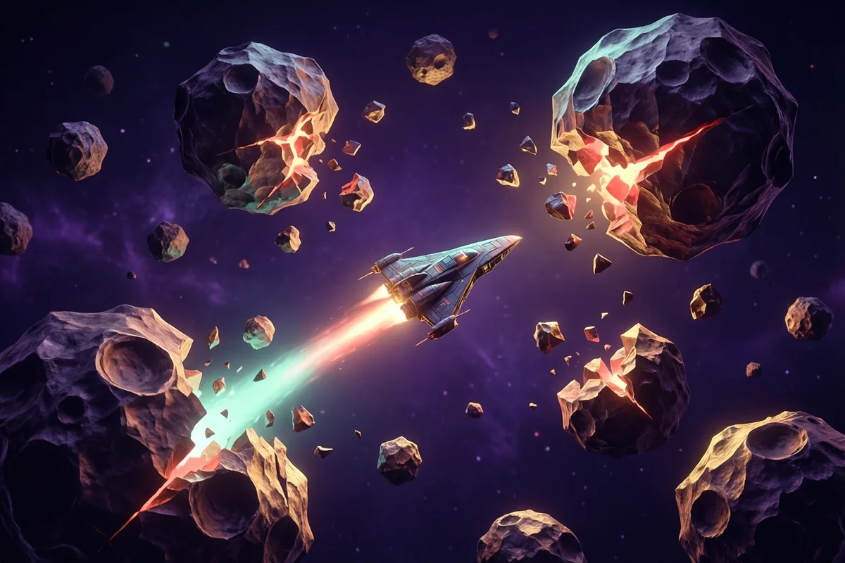 A compact triangular spacecraft weaving between faceted asteroids with a bright engine trail in deep space