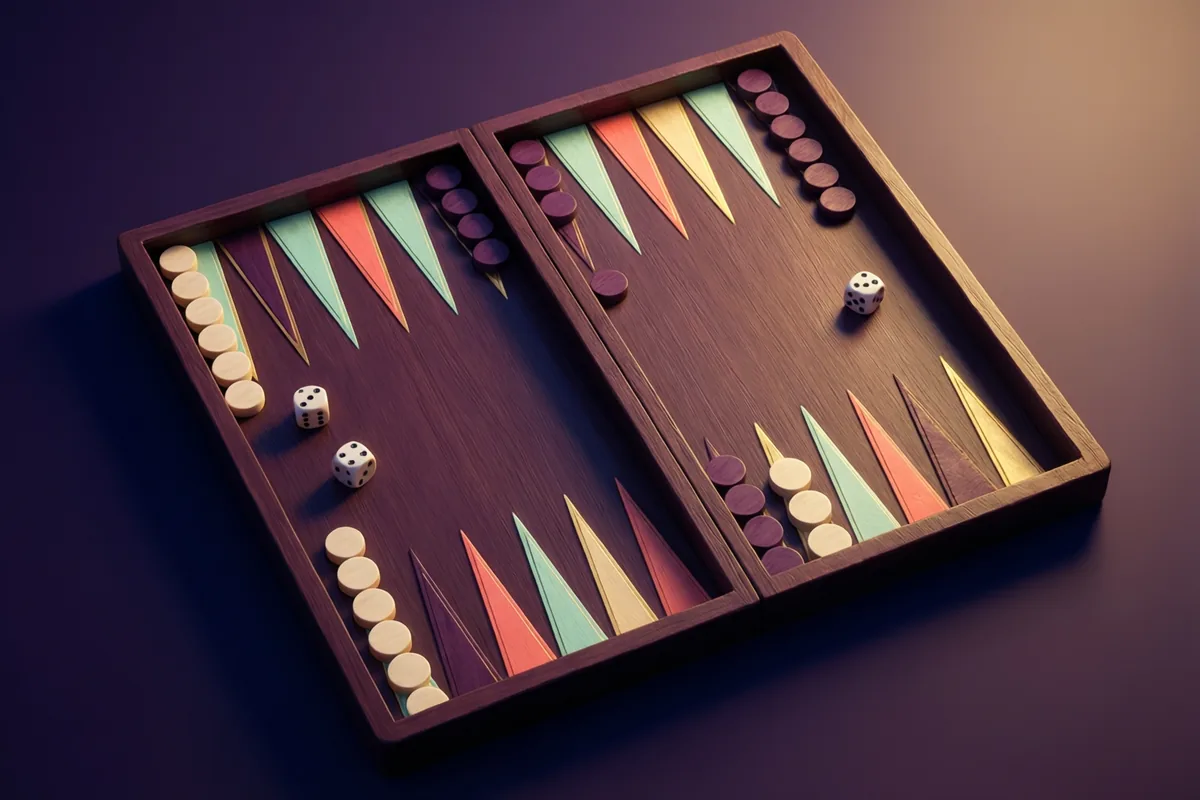 A folding backgammon board with ivory and violet triangles, counters and dice