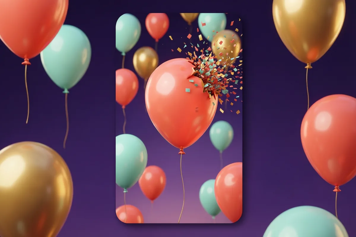 Colorful floating balloons with a coral balloon bursting into confetti