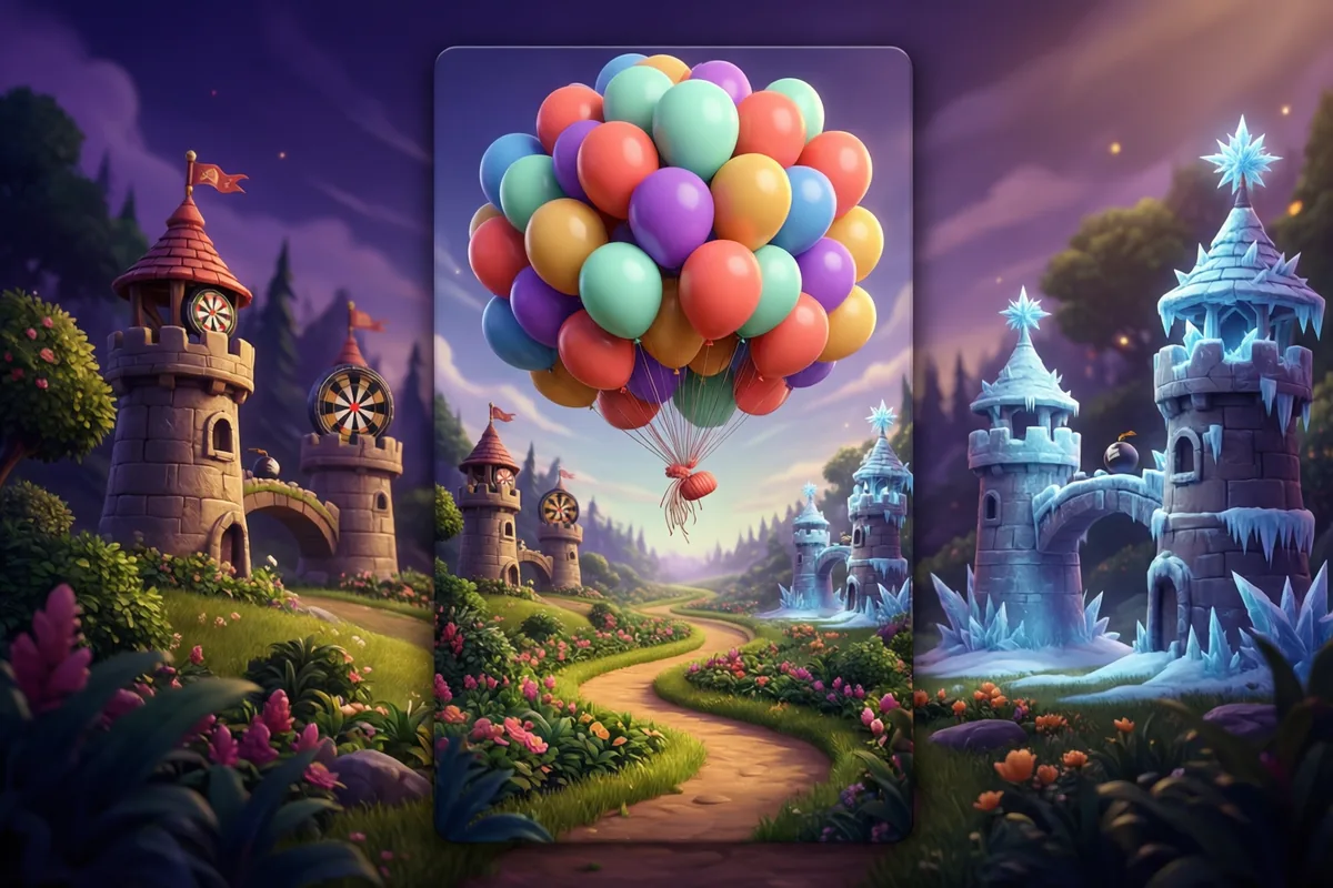 A colorful balloon cluster above a winding path between miniature defense towers