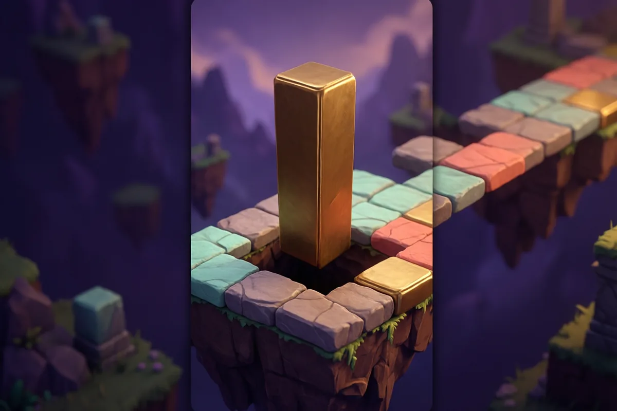 A tall bronze block beside a square hole in a floating tiled path