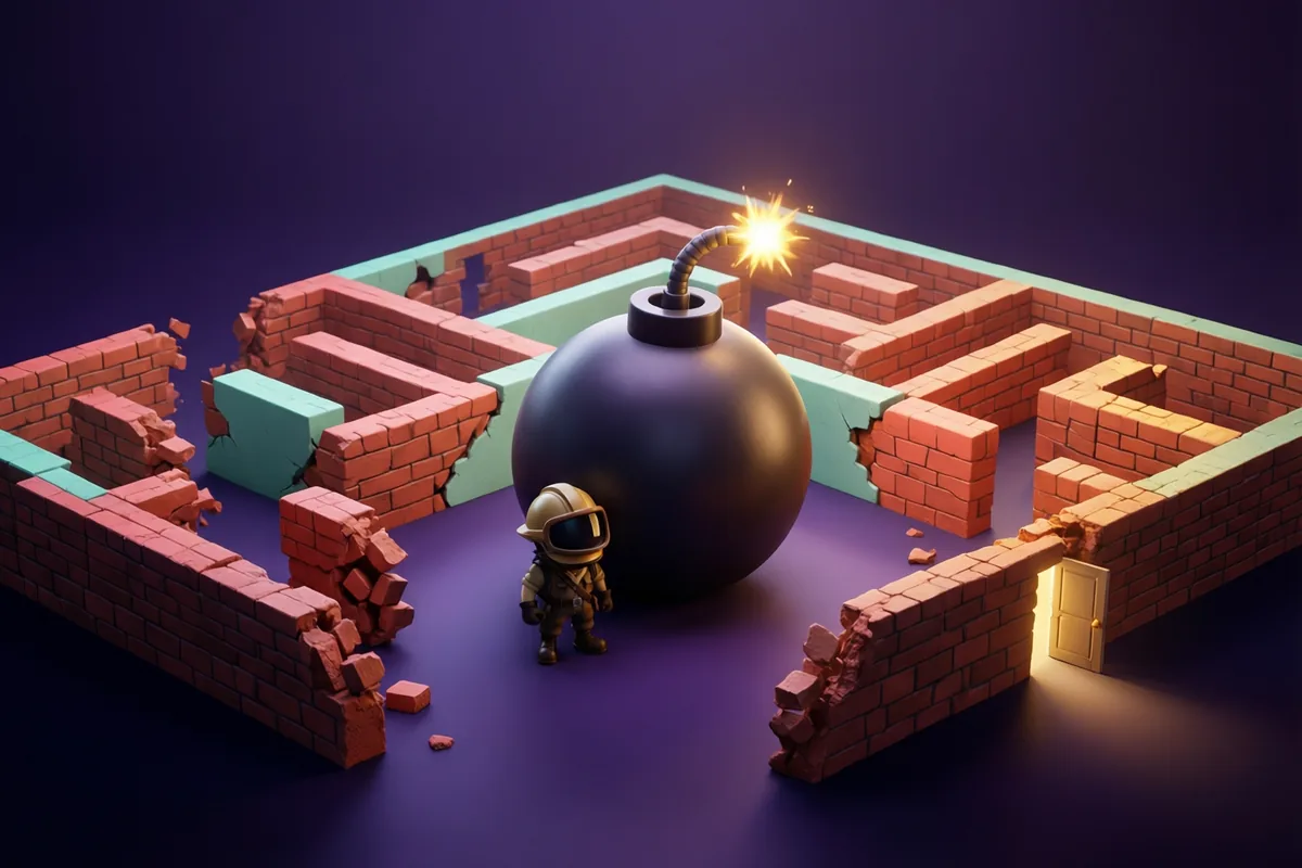 A small helmeted explorer beside a cartoon bomb inside a brick maze