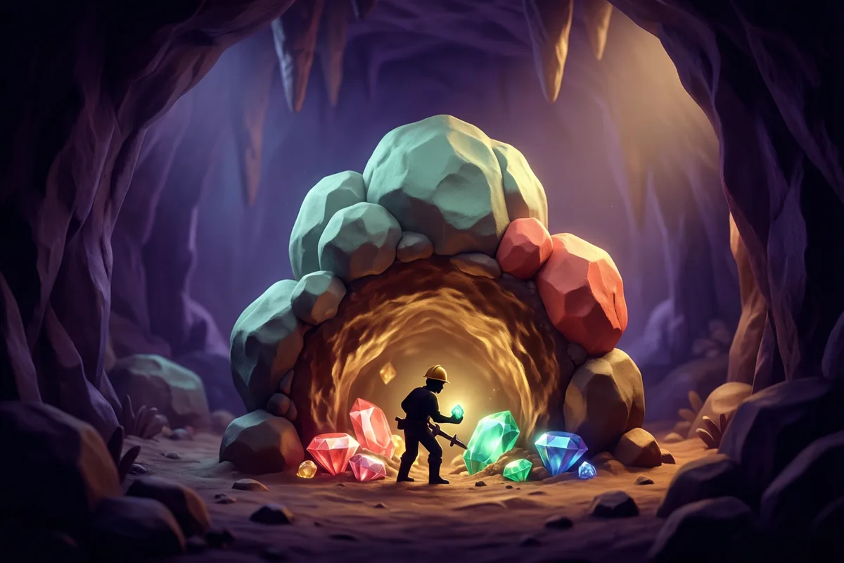 A small miner beside glowing gems and boulders in an earthen cave