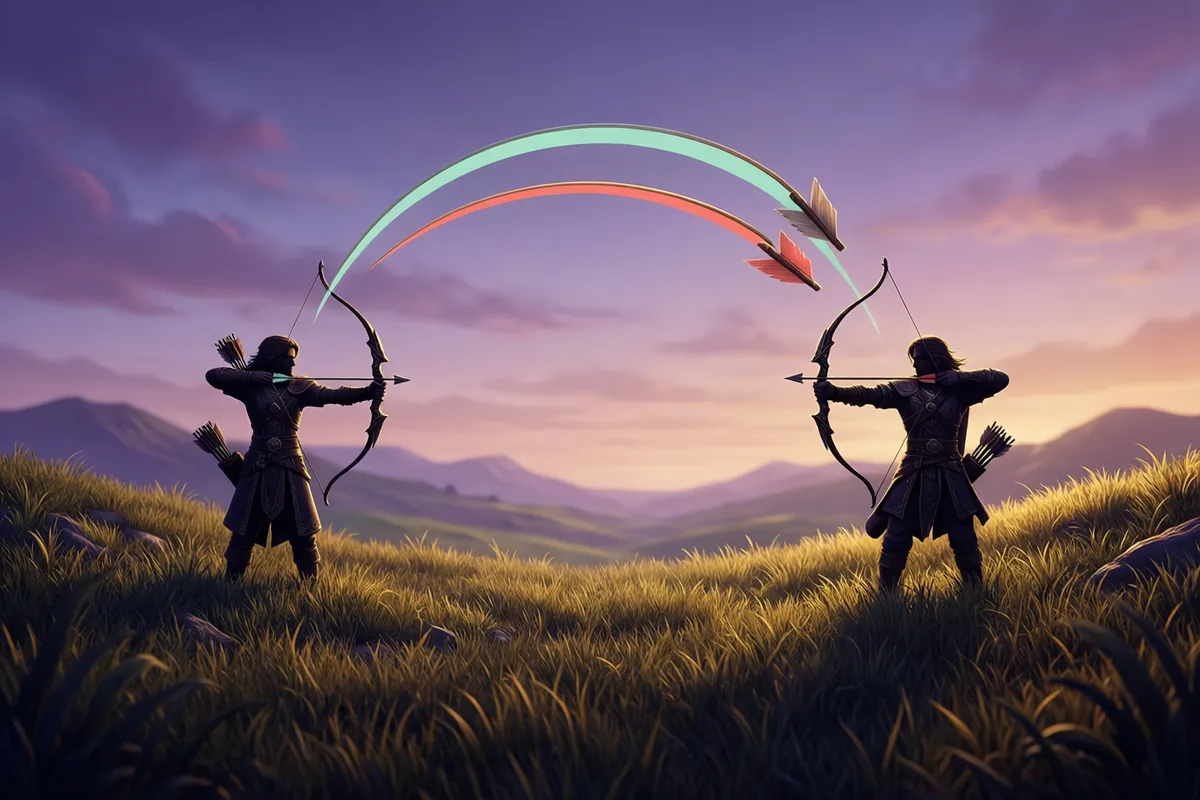 Two stylized archers standing on opposite grassy ridges with a graceful arrow arc between them