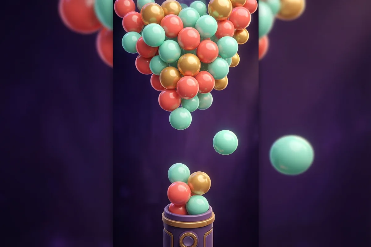 A mint bubble rising toward a colorful cluster above a small launcher
