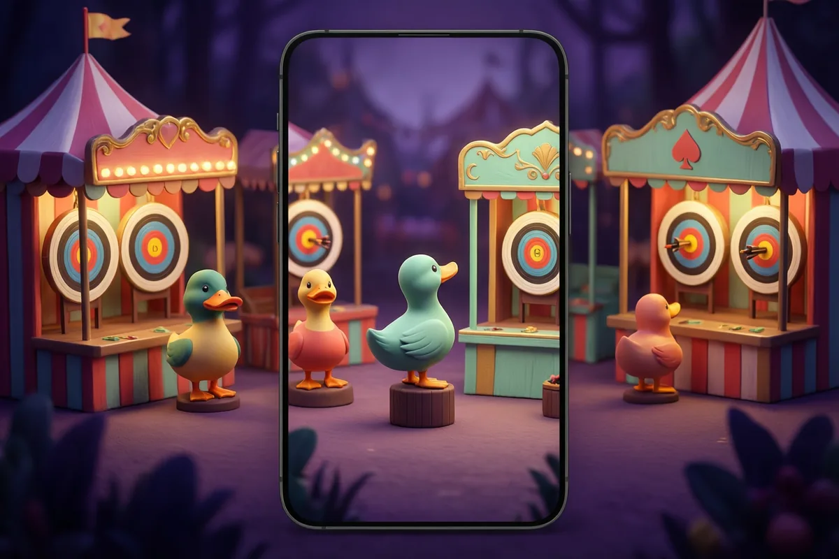A miniature carnival shooting gallery with duck-shaped targets and striped stalls under warm lights
