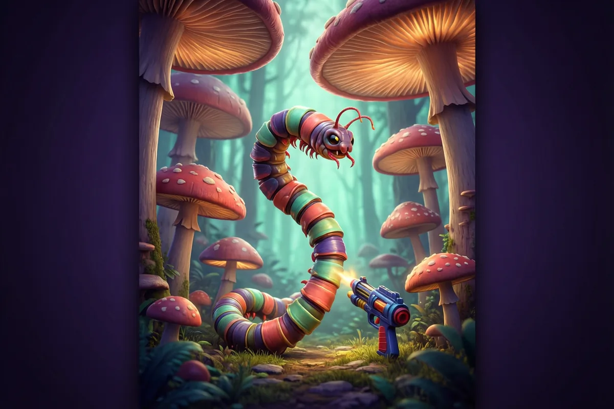 A colorful segmented centipede rising among oversized mushrooms