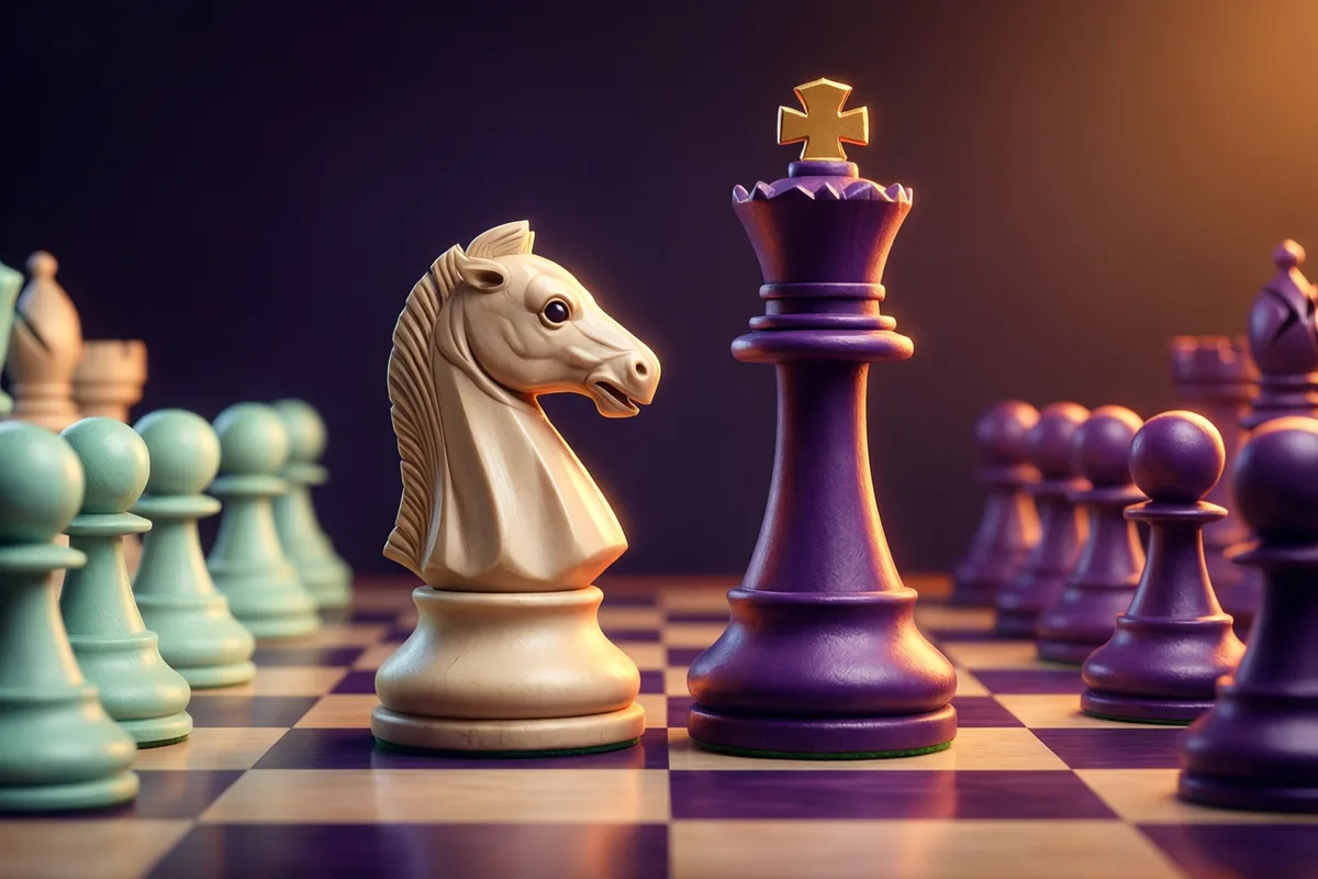 An ivory knight facing a violet king on a chessboard