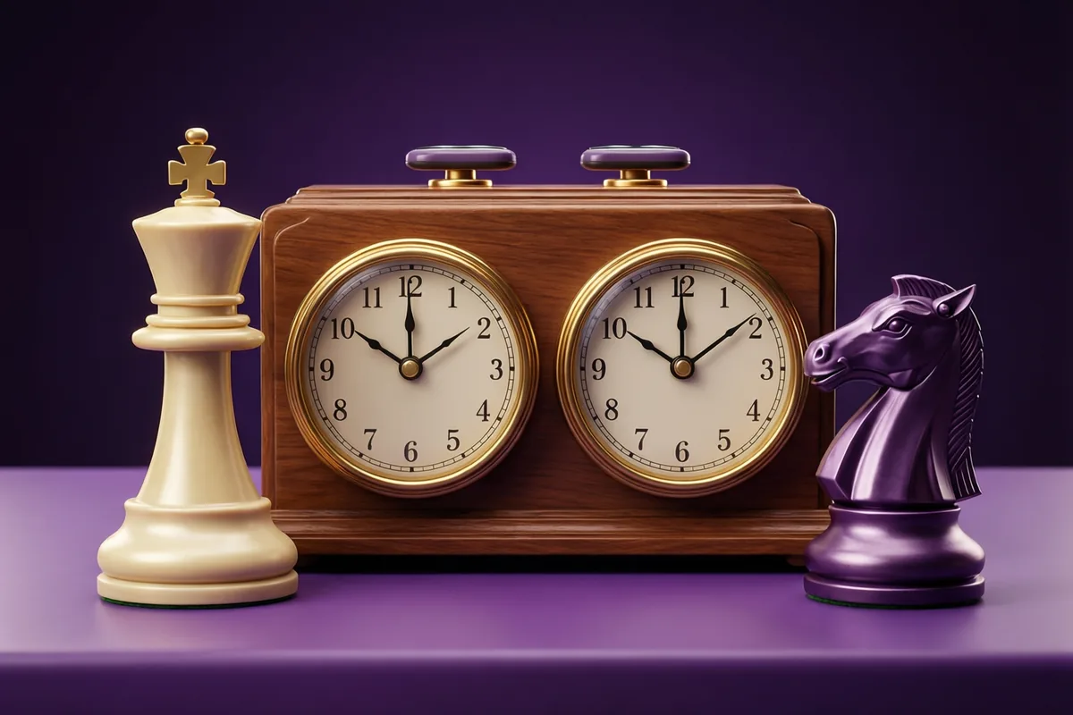 A wooden dual chess clock between an ivory king and violet knight