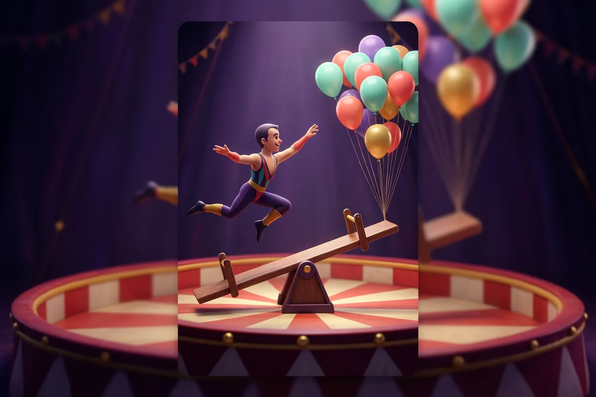 A whimsical acrobat springing from a seesaw toward colorful balloons inside a miniature circus ring