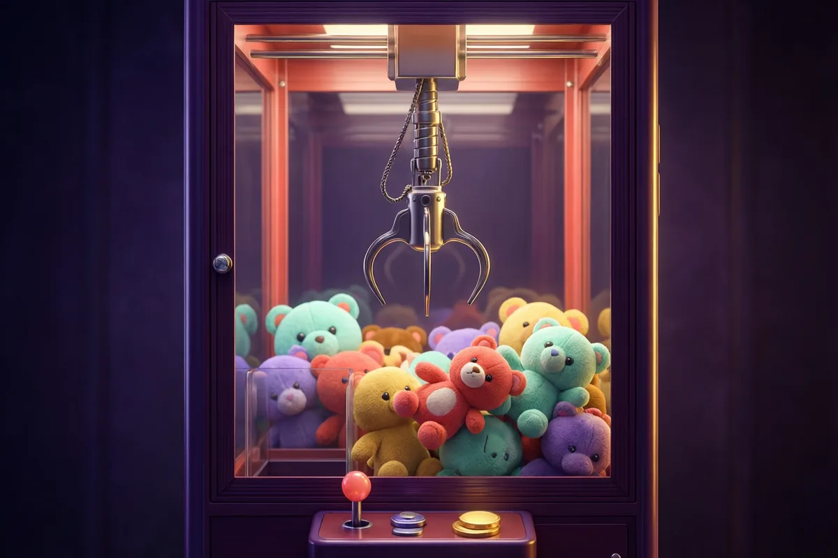 A chrome arcade claw hovering over colorful plush prizes in a softly glowing glass cabinet