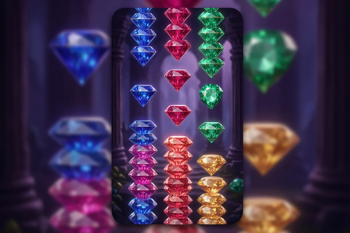 Columns of red, green and blue jewels against a violet background