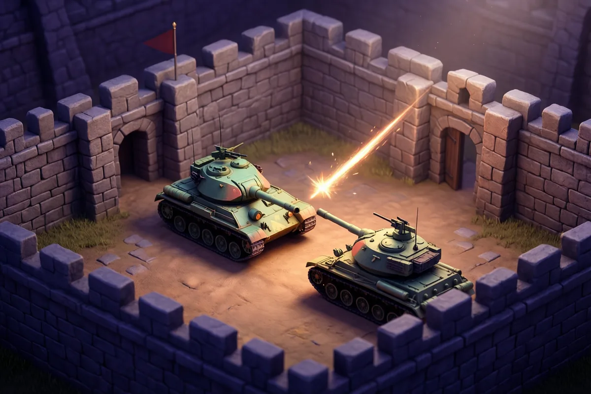 Two miniature tanks exchanging a glowing shot inside a stone-walled arena