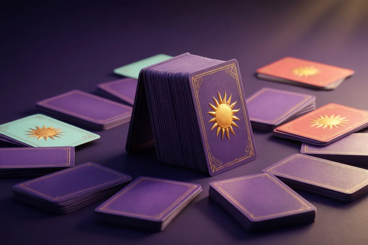 Violet playing cards with matching golden sun symbols on their backs