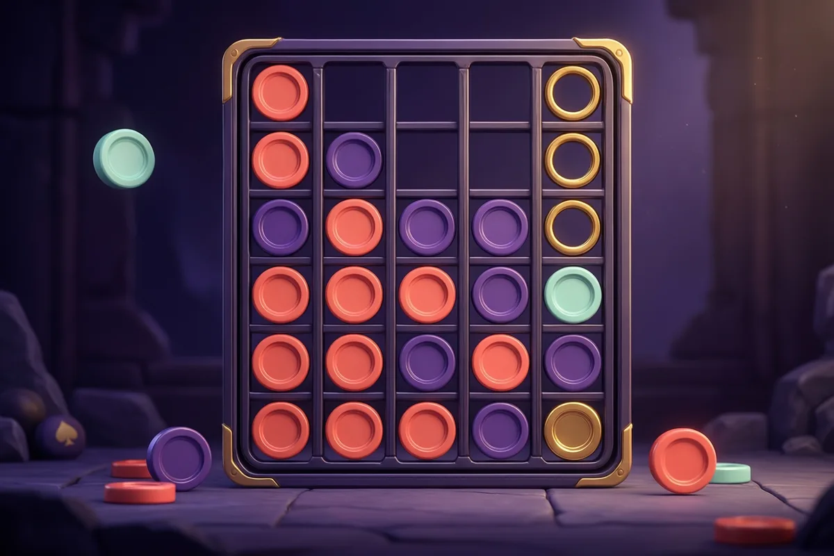 Colored counters dropping into an upright Connect Four-style grid