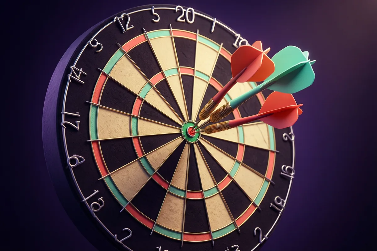 Colorful darts embedded near the center of a round dartboard