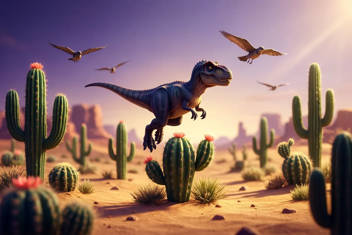 A dinosaur leaping among desert cacti beneath small flying reptiles