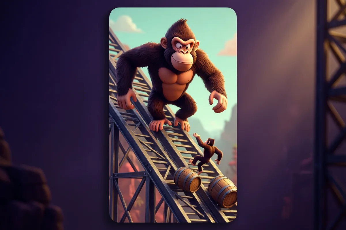 A cartoon ape above steel girders, a climber and rolling wooden barrels