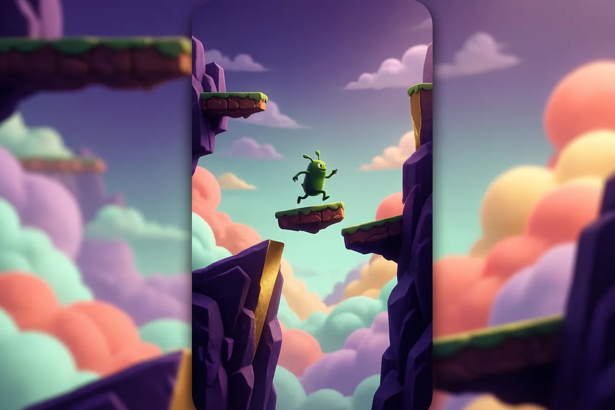 A small green creature among floating platforms above pastel clouds