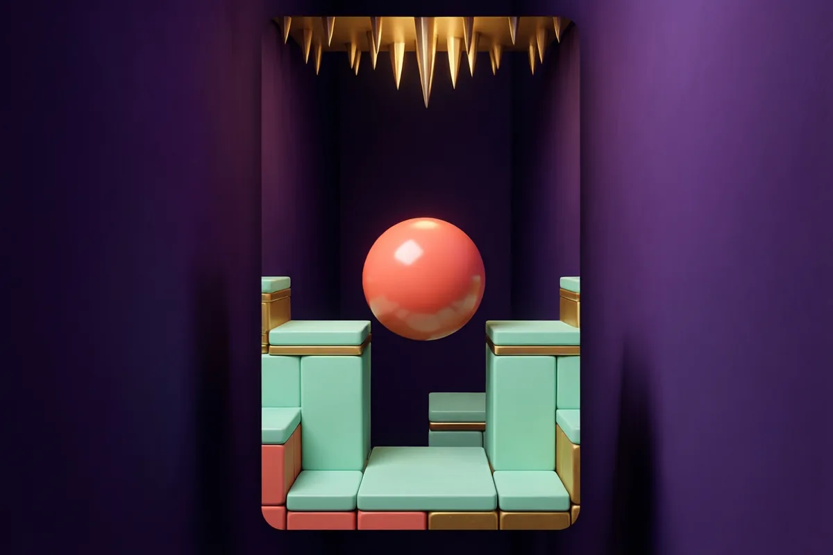 A glossy coral ball dropping through a gap between staggered mint platforms inside a deep violet shaft