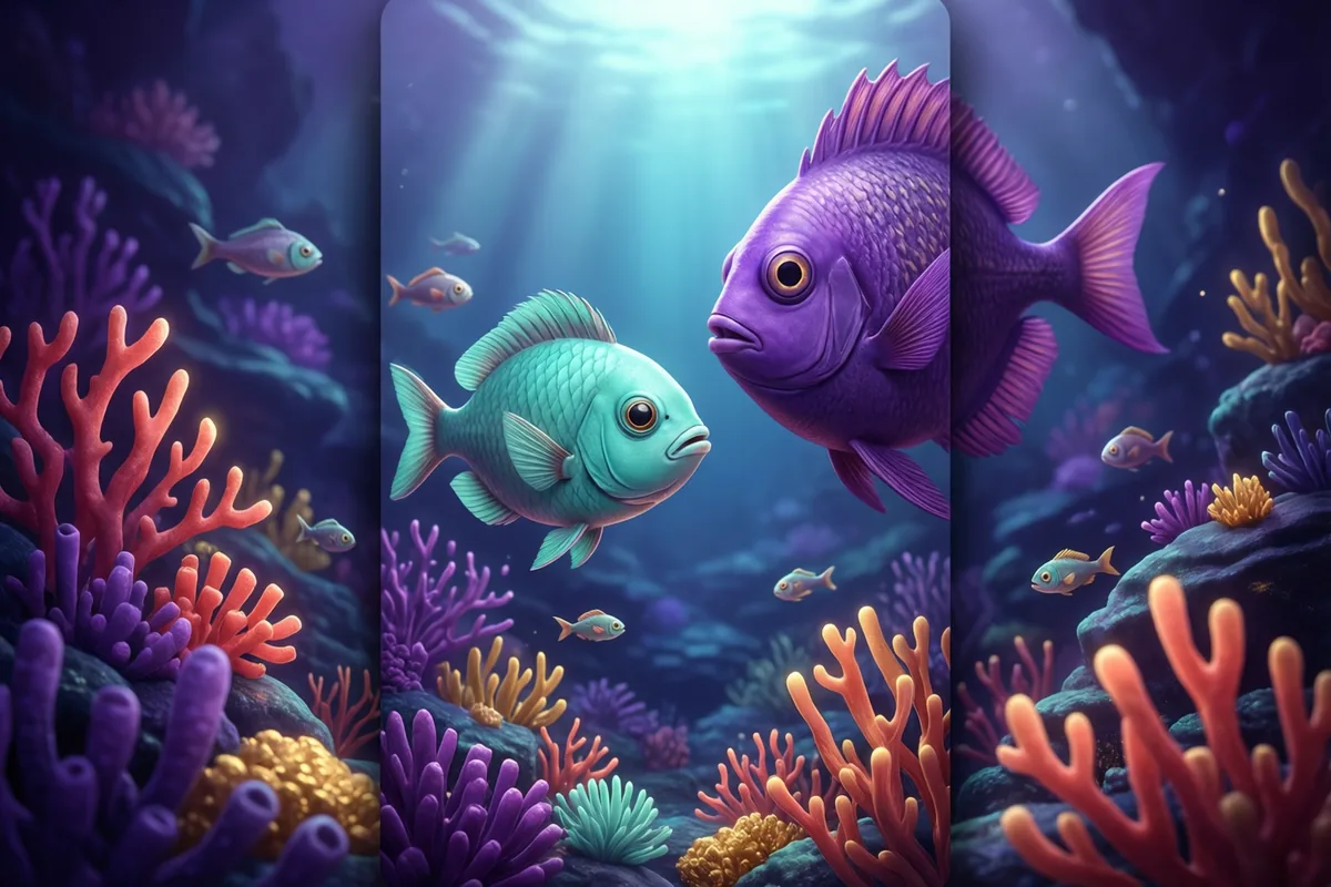A small turquoise fish facing a larger purple fish among colorful coral