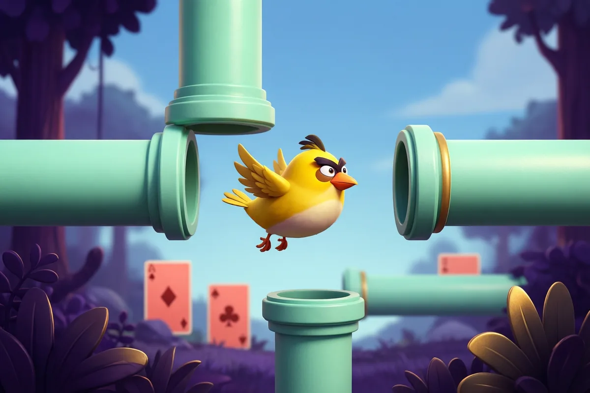A plump yellow bird flying through a gap between mint pipes against a soft blue sky