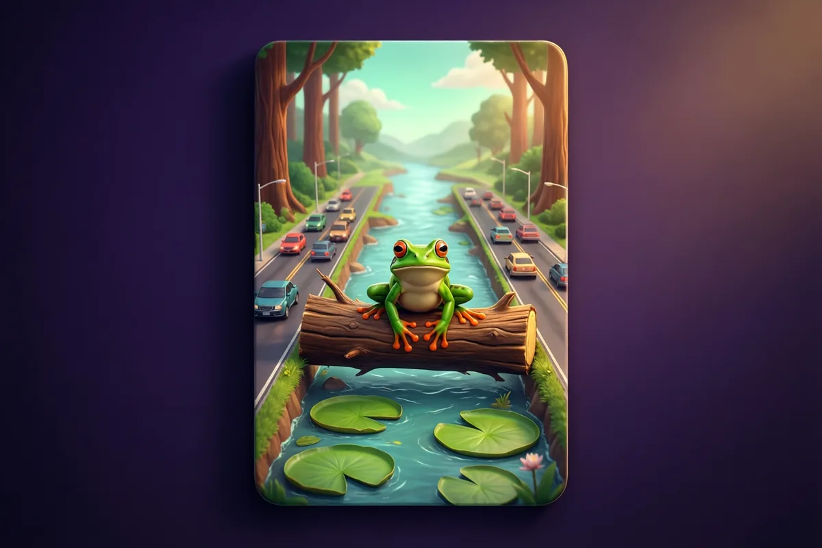 A bright green frog poised on a river log beyond a busy miniature road, with lily pads ahead
