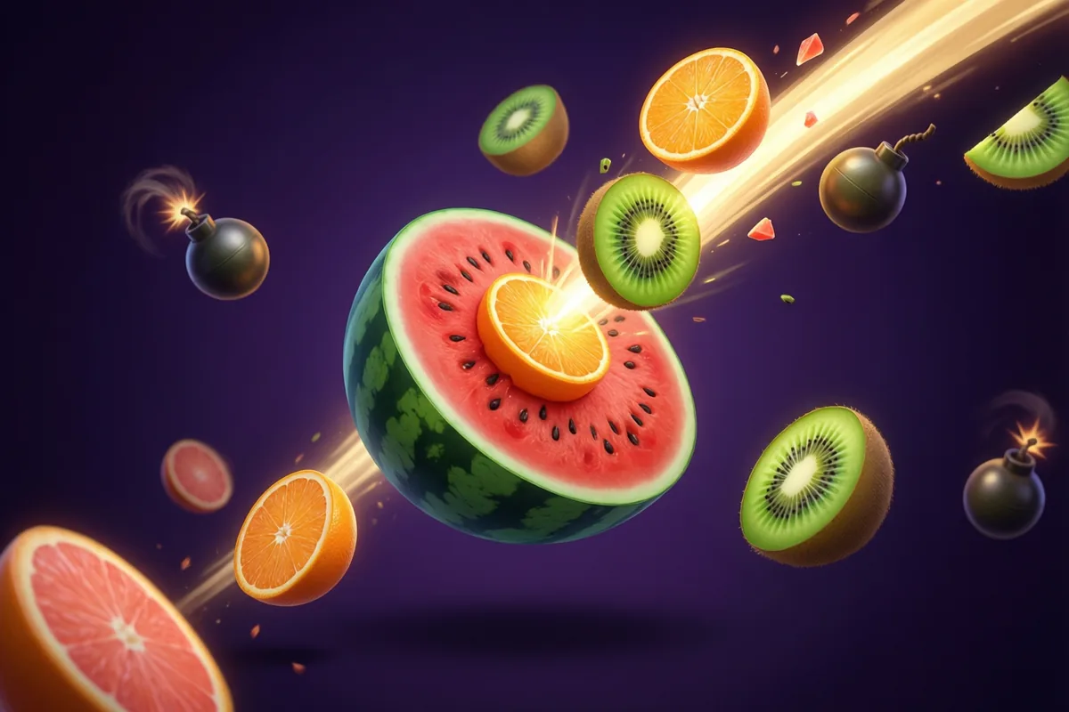 Watermelon, orange and kiwi slices flying beside a bright cutting trail