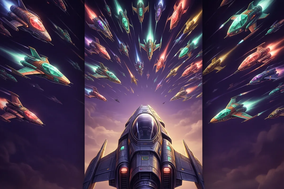 A sleek small spacecraft facing a sweeping formation of jewel-colored diving alien ships