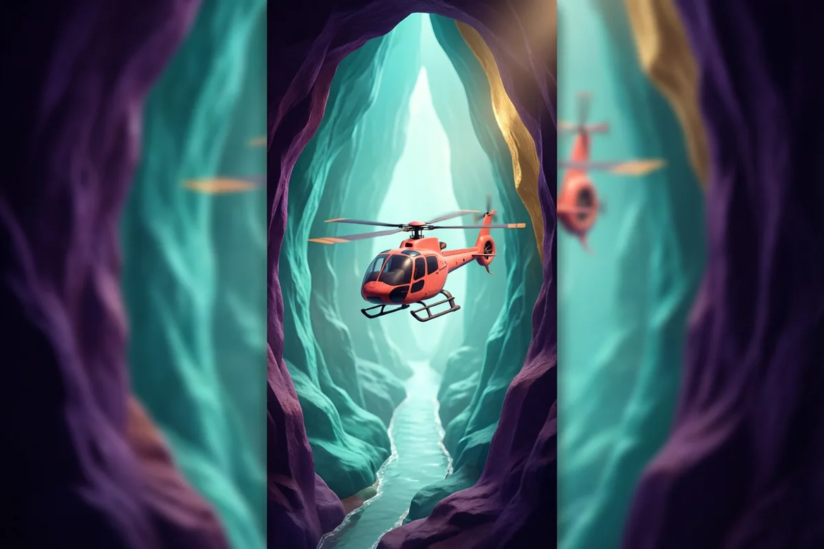 A tiny coral helicopter hovering inside a winding turquoise cave with a clear narrow passage