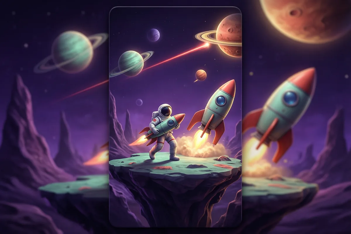 An astronaut and small rockets on an alien platform beneath colorful planets