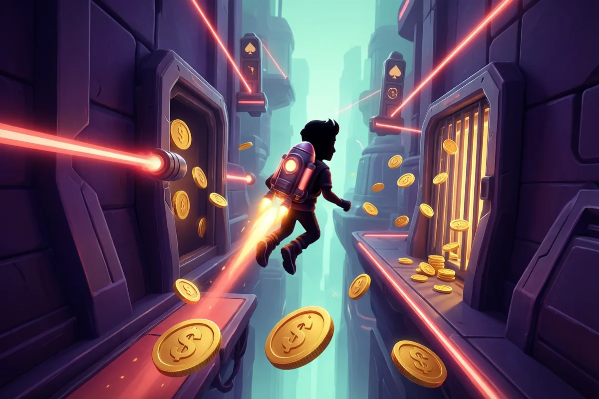 An original small adventurer with a glowing jetpack flying through a futuristic corridor with gold coins and a laser gate