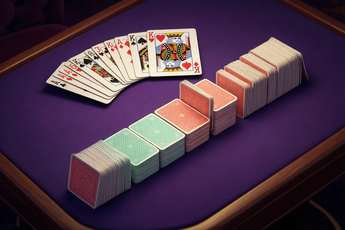 A fan of playing cards above orderly card stacks on a violet table
