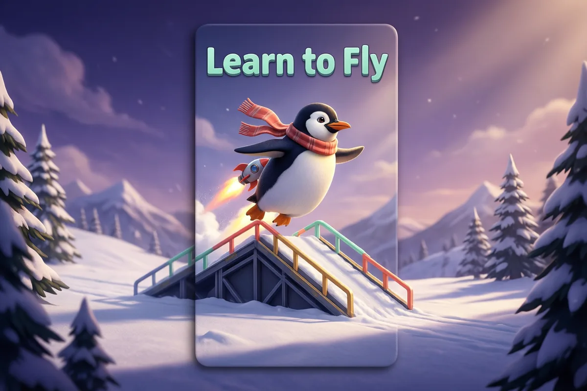 A penguin with a scarf and a glowing rocket above a snowy launch ramp