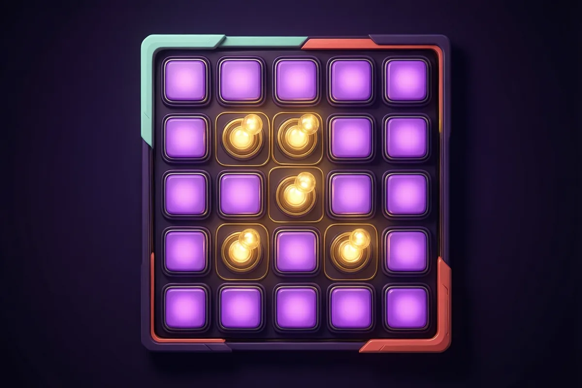 A square grid of violet light buttons with several glowing gold lights