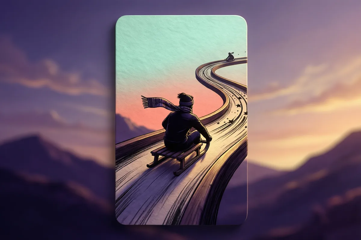 A scarf-wearing sled rider gliding along a curved dark track against a sunset sky
