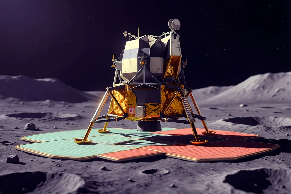 A gold-and-cream lunar module on a landing pad beside a cratered moon landscape