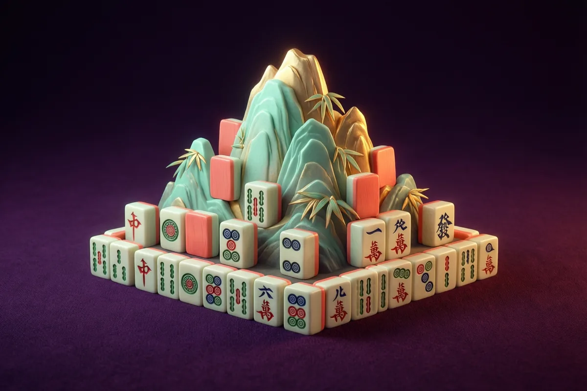 A small sculptural mountain of ivory Mahjong tiles with delicate bamboo and circle markings on deep plum felt