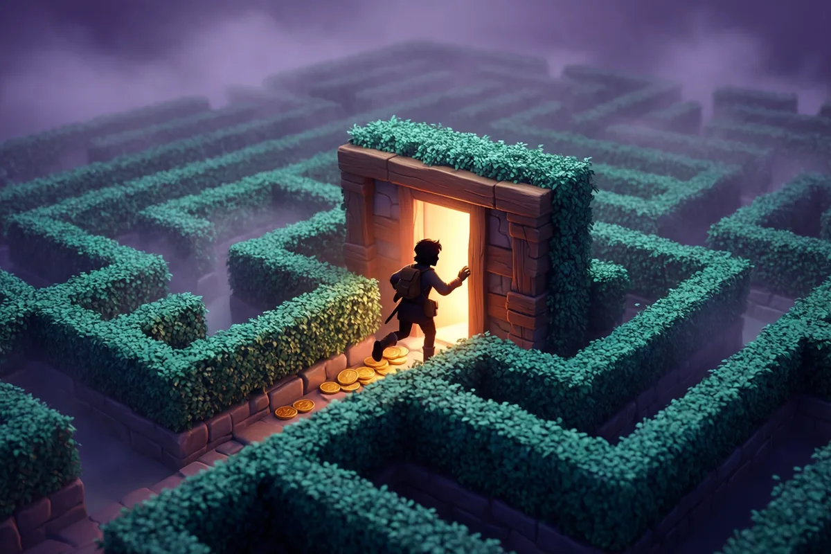 A little adventurer finding a warm glowing exit in a layered teal hedge maze with soft atmospheric mist