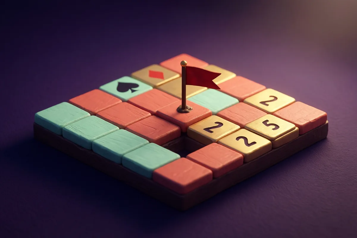 Raised colored tiles with number clues and a red flag in a Minesweeper illustration